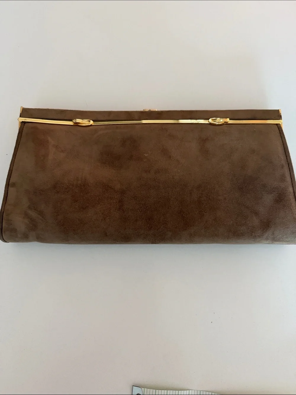 Brown Suede Clutch with Gold Accent
